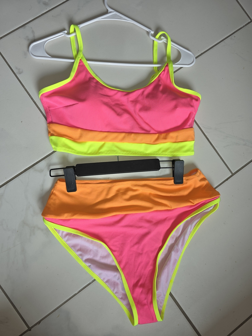 Popvil- Neon Pink & Yellow Colorblock High Waisted Bikini- Size XL